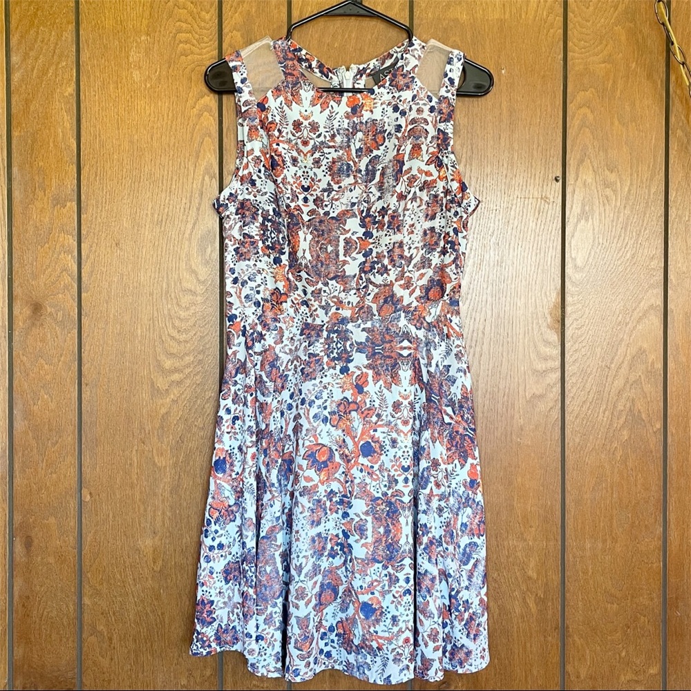 ASTR Blue Sleeveless Floral Mesh Mini Skater Dress